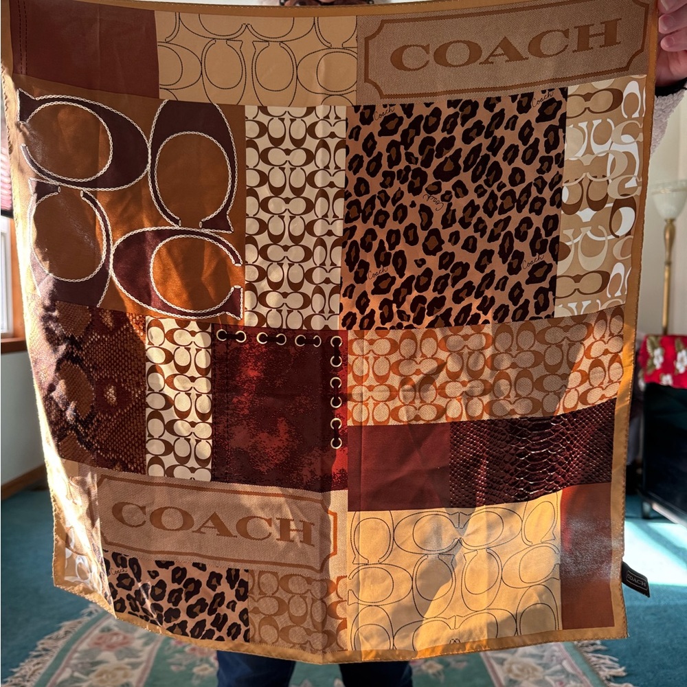 Coach Gold and Brown Silk Scarf
